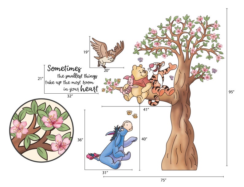 Winnie The Pooh, Winnie and Friends Wall Decal, Kids Wall Stickers With Flowers