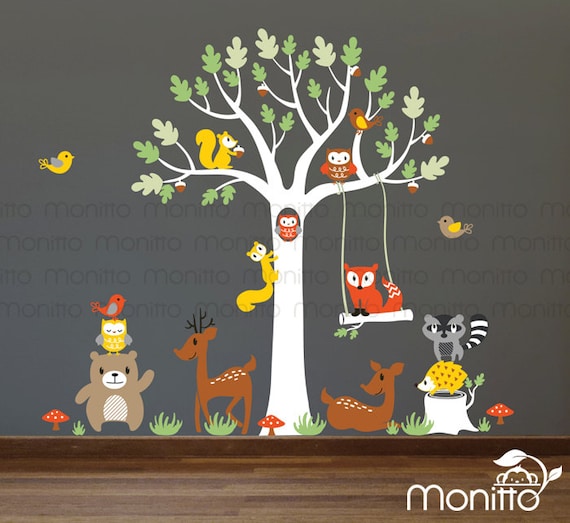 Woodland Oak Tree Wall Decal with Branch and Many Whimsical Etsy