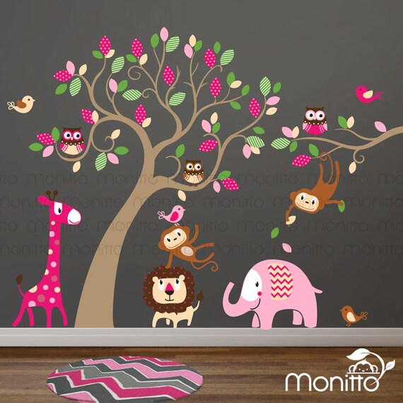 Owl Flower Tree Animals Elephant Monkey Giraffe Baby Nursery Wall Sticker Decal 