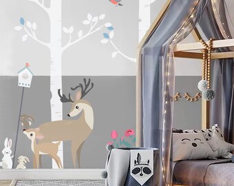 Vinilo decorativo de pared con árboles y ciervos, adhesivos de pared naturales para guardería y habitación infantil, vinilos de árboles con ciervos y pájaros.