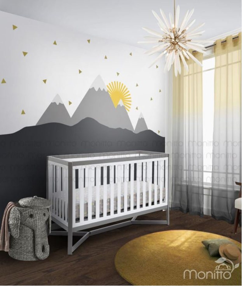 sunrise with gold triangles grey mountain scenery nursery | etsy