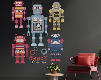 Vinilos decorativos removibles de robots de juguete de hojalata para habitación infantil, adhesivos de pared de robots clásicos de cuerda, arte de pared, vinilo autoadhesivo, papel tapiz de juguetes de robots retro