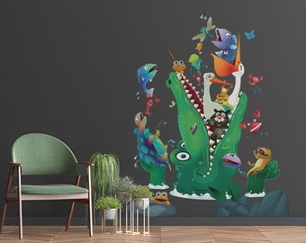 Arte de pared infantil de cocodrilo, calcomanía de pared de cocodrilo despegable y adhesiva para habitación de niños Papel tapiz de cocodrilo para guardería Lindo papel tapiz de animales de cocodrilo