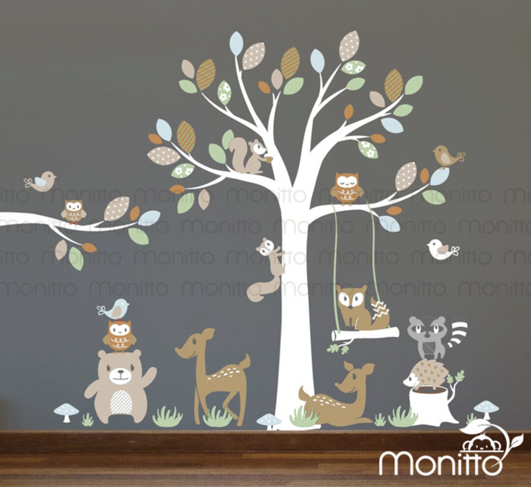Woodland Tree Wall Decal With Branch Whimsical Animals Etsy