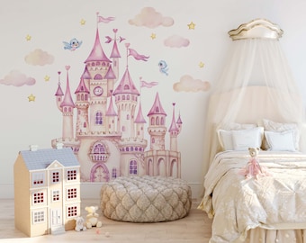 Disney Princess Castle with Colorful Birds -Large Wall Sticker,Kids Room Bedroom Playroom Wall Decal,Nursery Wall Decal