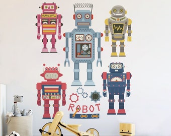Vinilos decorativos removibles de robots para la habitación infantil. Adhesivo de pared clásico de robot para guardería o habitación de niños. Vinilo autoadhesivo para la decoración de la habitación de niños. Papel tapiz de juguetes de robots retro.