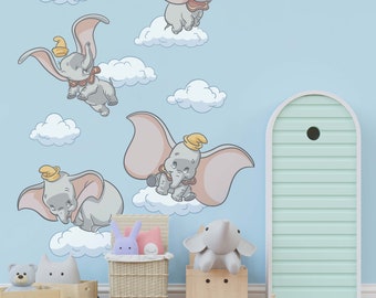 Calcomanía de pared de Dumbo, decoración de guardería, arte de pared de Disney, calcomanía de pared de elefante, decoración de habitación de bebé, papel tapiz extraíble, mural de vinilo para niños, despegar y pegar