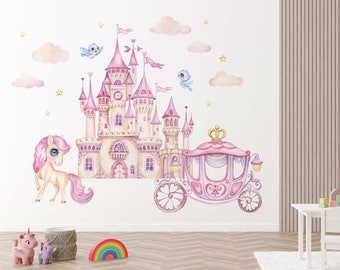 Disney Princess Castle with Colorful Birds Unicorn Pumpkin Large Wall Sticker,Kids Room Bedroom Playroom Wall Decal,Nursery Wall Decal