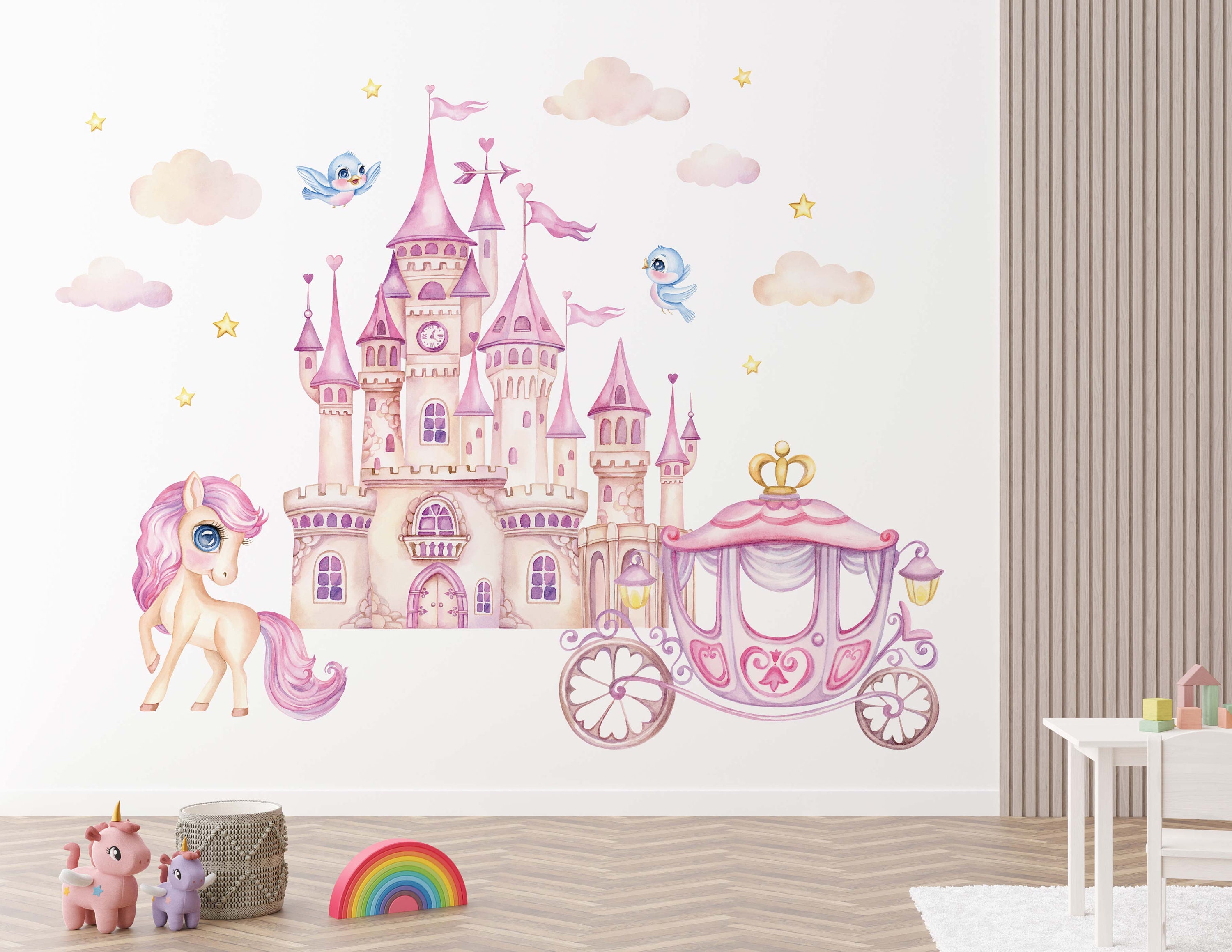Disney Princess Castle With Colorful Birds Unicorn Pumpkin Large Wall  Sticker,kids Room Bedroom Playroom Wall Decal,nursery Wall Decal 