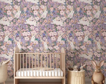 Vinilo decorativo de conejo vintage para pared / Arte de pared de conejito del bosque retro / Adhesivo para habitación infantil y de niña /