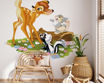 Vinilo decorativo de pared de Bambi y Tambor, adhesivo de pared removible, decoración artística de ciervos, lindos animales del bosque, adhesivo de pared autoadhesivo