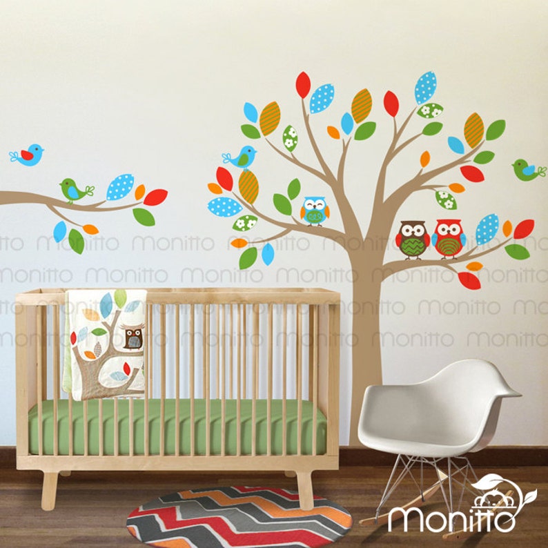 Colorful Owl Tree Wall Decal With Birds Owls Wall Decal Etsy