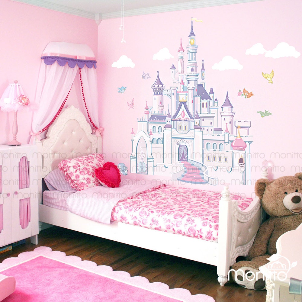 Disney Princess Castle With Colorful Birds And Squirrel Large Wall Sticker Kids Room Bedroom Playroom Wall Decal Nursery Wall Decal Mt014