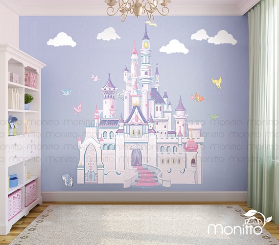 Disney Princess Castle With Colorful Birds And Squirrel Large Wall Sticker Kids Room Bedroom Playroom Wall Decal Nursery Wall Decal Mt014