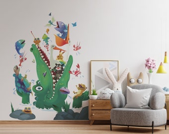 Calcomanías de pared extraíbles de cocodrilo y caimán / Lindas calcomanías de animales del pantano para guardería para niños / Decoración divertida para habitación infantil y mural de pared