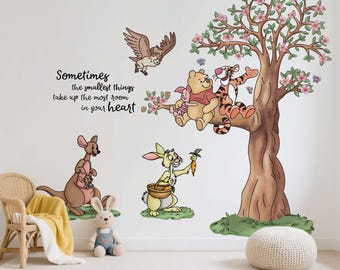 Calcomanía de pared con el árbol de Winnie the Pooh: Tigger, Piglet, Kanga y Roo, calcomanía de conejo para habitación infantil, decoración de cuentos infantiles, vinilo extraíble.