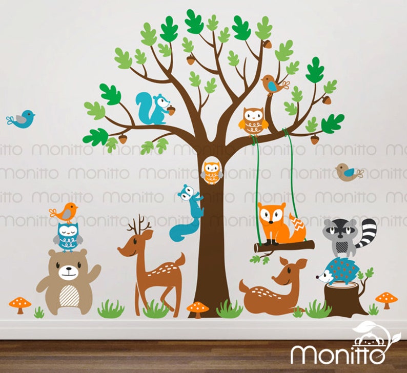 Woodland Oak Tree Wall Decal with Branch and Many Whimsical Etsy