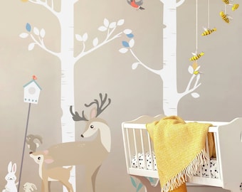 Vinilo decorativo de pared de árbol y ciervo, adhesivos de pared naturales para guardería y habitación infantil, vinilo decorativo gigante de árbol, amor, bosque, ciervo y pájaro, arte de pared