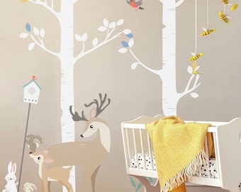 Tree And Deer Wall Decal Natural Wall Decals Sticker Wallpaper For Nursery & Kid Room Giant Tree Love Forest Deer Bird Wall Sticker Wall Art