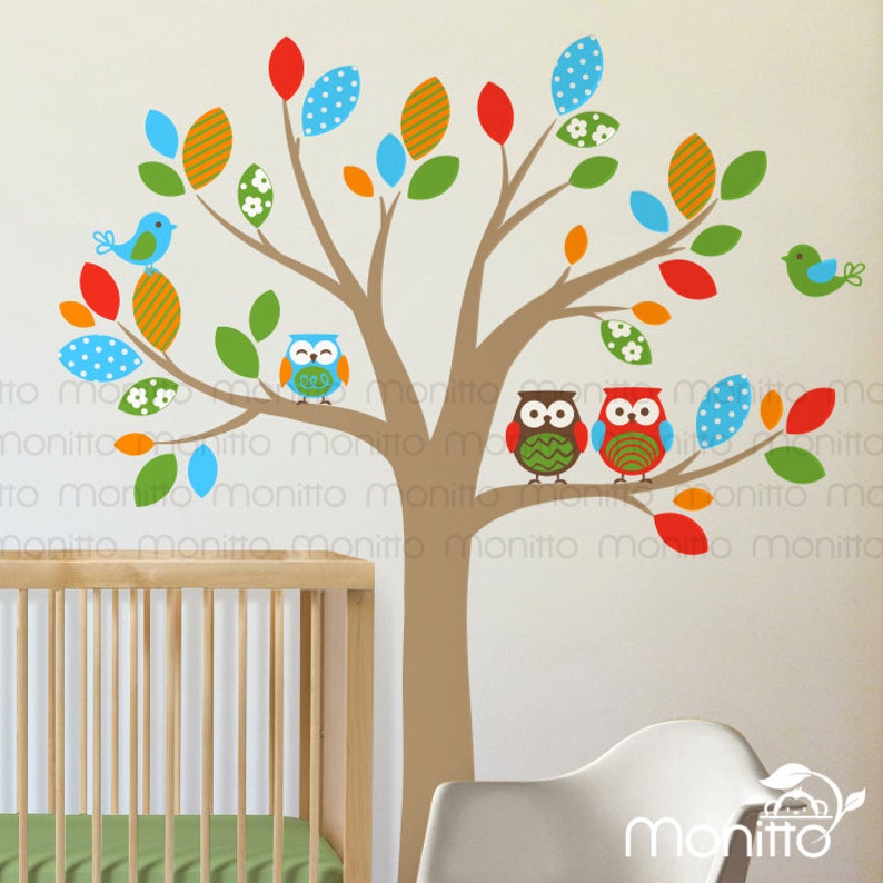 Colorful Owl Tree Wall Decal With Birds Owls Wall Decal Etsy