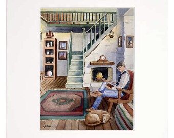 May include: Watercolor painting of a cozy interior scene. A person sits in a wooden chair reading a book near a fireplace with a burning fire. A sleeping dog rests at their feet. The room features a staircase, bookshelves, and nautical-themed artwork.