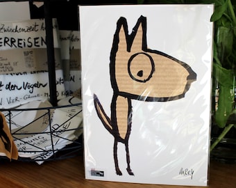 May include: A black and white illustration of a dog drawn on brown cardboard. The dog is standing on its hind legs with its front paws raised. The dog has a large, round eye and a small mouth. The illustration is signed "AARRY" in the bottom right corner.