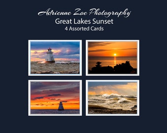 Great Lakes Card Set, 4 assorted blank photo cards, Greeting Card, scenic photography, Canadian landscape, for him, small gift, sunset cards