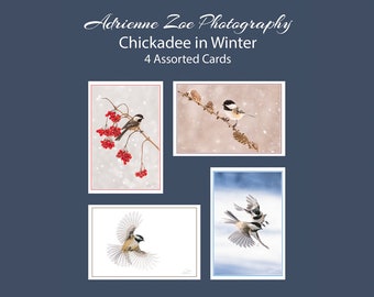 Chickadee in Winter Card Set, 4 assorted blank Chickadee photo cards, Winter Bird, Bird in Flight, gift set, nature card, bird lover, Canada