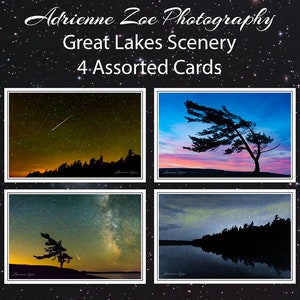 Trousse de cartes Paysages des Grands Lacs, 4 cartes photo vierges assorties, cadeau pour lui, photo du ciel nocturne, paysage canadien emblématique