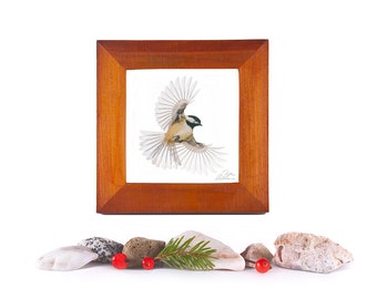 Chickadee Mini Framed Bird Photo, amazing bird gift, Chickadee gift, small bird gift, Mother's Day gift, bird in flight, for him, Canada