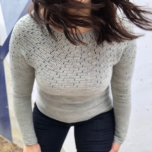Könnte beinhalten: Ein hellgrauer Pullover mit einem blauen, gesprenkelten Muster. Der Pullover hat lange Ärmel und einen runden Ausschnitt.