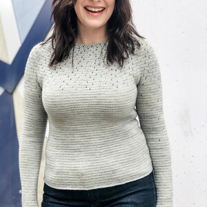 May include: A light gray sweater with a textured pattern and a subtle blue speckling throughout. The sweater has long sleeves and a round neckline.