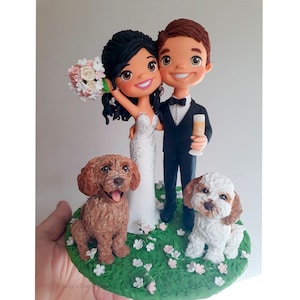 Bride and Groom with Labradoodles Wedding Cake Topper | Personalized by Lucy&#39;s Clay Designs