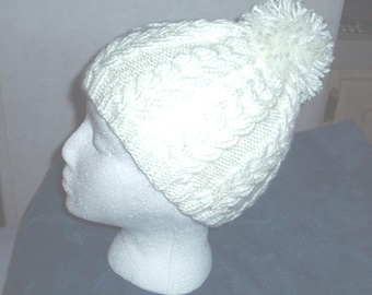 cable handknit custom color hat with removable pom pom