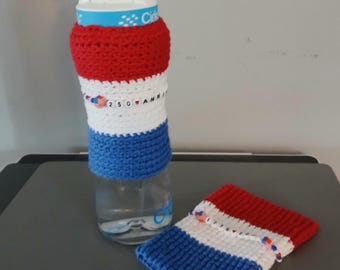 Patriotic hand crochet water bottle cozy with personalized beaded sayings