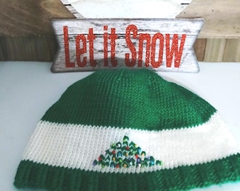 hand knitted beaded decoration Christmas tree beanie