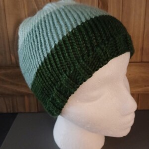 May include: A knitted beanie hat in two colors: light blue and dark green. The hat is displayed on a white mannequin head. The hat is made of a ribbed knit fabric. The light blue section is at the top, and the dark green section is at the bottom.