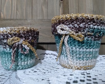 Crochet Plant Pot Cover Pair: Earth Tone Cotton, 2" & 4" Pots