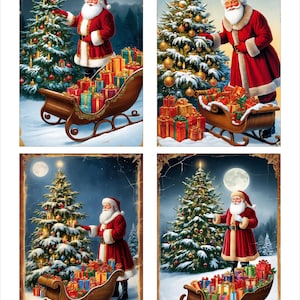Junk Journal Ephemera Vintage Santa com trenó Scrapbooking Card Toppers Diário Cartões Colagem Folha Imprimíveis 2 Folhas 8 Cartões