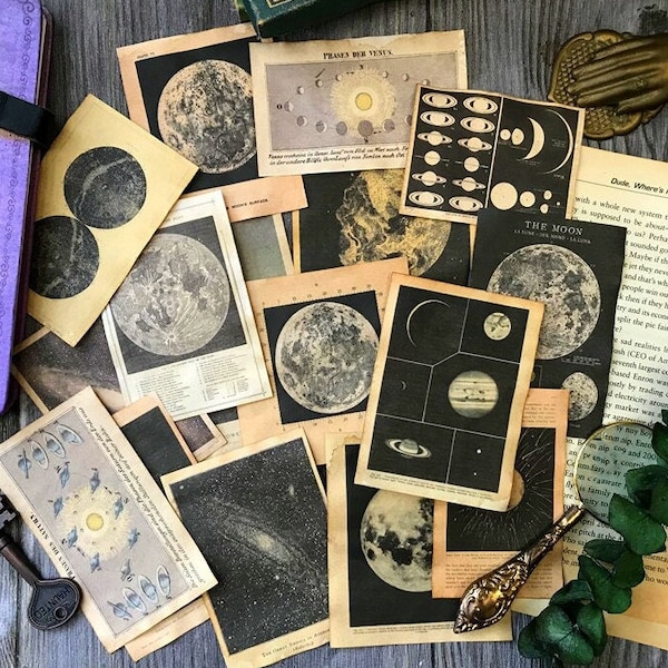 Moon Ephemera Kit, Vintage Ephemera, Junk Journals, Scrapbooking Ephemera, Journal Ephemera, Collage, Space Ephemera, 16 Pcs