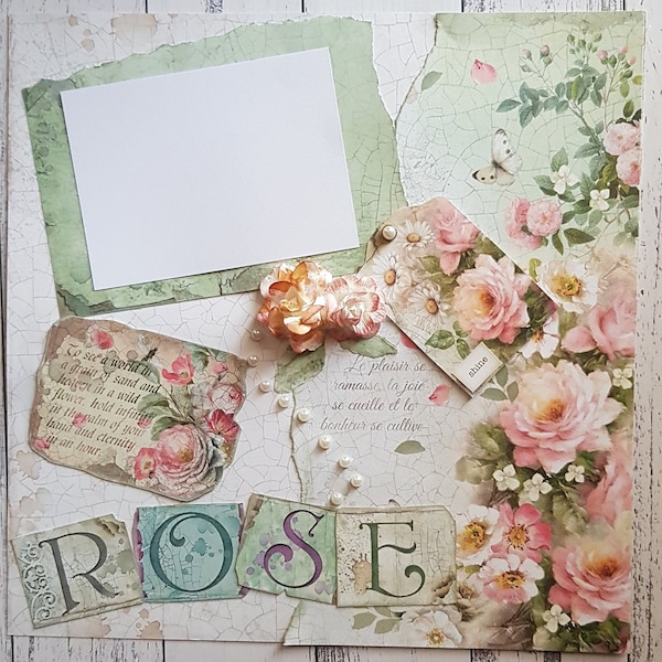12 x 12 Handmade Premade Scrapbook Page Layouts Roses Floral Shabby Chic Scrapbook Pages Keepsake Album Memories Premade Scrapbook Page