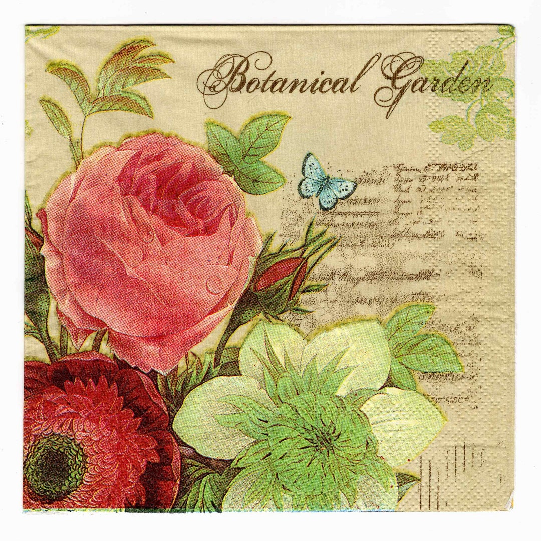Paper Napkin, Serviette 33 X 33cm, Botanical Garden Napkins, Decoupage, Junk Journals, Crafts