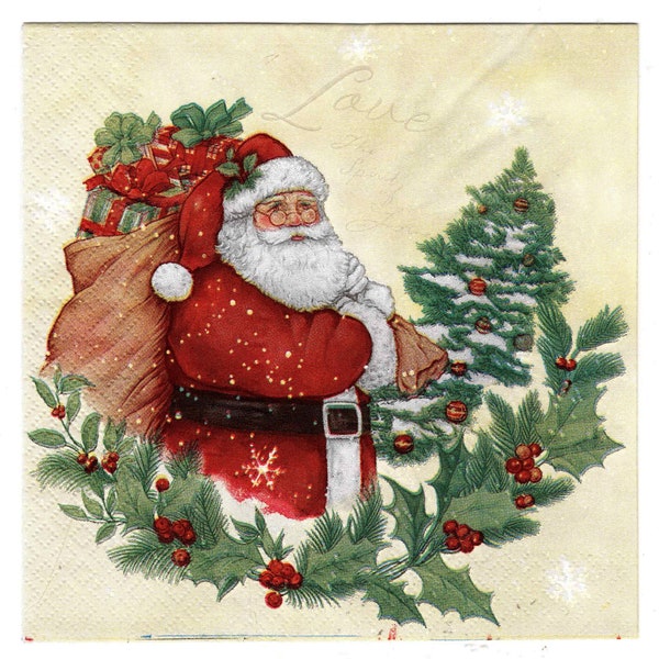 2pcs Paper Napkins for Decoupage Serviettes 33 x 33cm Father Christmas with Holly Napkins Decoupage Junk Journals Crafts Scrapbooking 1pc