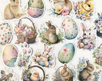 May include: A set of 15 digital scrapbook paper designs featuring watercolor illustrations of bunnies, eggs, and flowers. The papers are in a pastel color palette with shades of pink, blue, green, and yellow.