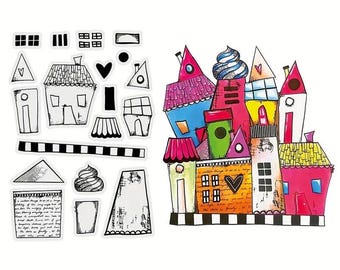 Sellos transparentes con textura de técnica mixta para construir una casa, para scrapbooking, tarjetas, estampación, revistas basura, collages.