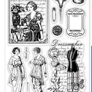 12 pc Vintage Lady Sewing Clear Stamp Set Cardmaking Junk Journals Scrapbooking