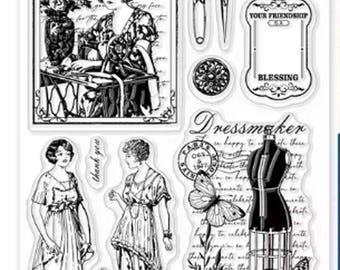 Juego de 12 sellos transparentes de costura vintage para damas, tarjetas, diarios basura, álbumes de recortes
