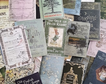 Könnte beinhalten: Eine Sammlung von Vintage-Buchcovern mit Illustrationen von Tieren, Landschaften und Text. Die Cover sind in verschiedenen Grüntönen, Blau- und Brauntönen gehalten, einige mit goldenen Akzenten. Der Text auf den Covern umfasst Titel wie "The Tale of Peter Rabbit", "Storyland" und "Old English Songs".