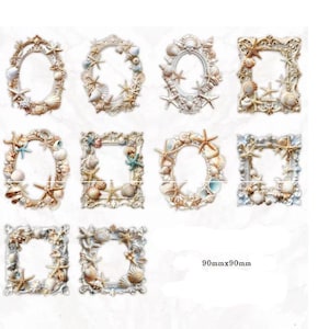 May include: Twelve decorative picture frames with a seashell and starfish design. The frames are 90mm x 90mm and have a gold finish.