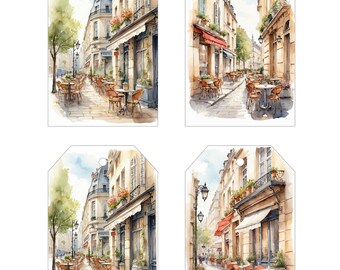 Junk Journal Ephemera Vintage Paris Cafe Watercolour Tags Scrapbooking Card Toppers Journal Cards 8 Pcs Collage Sheet Printables